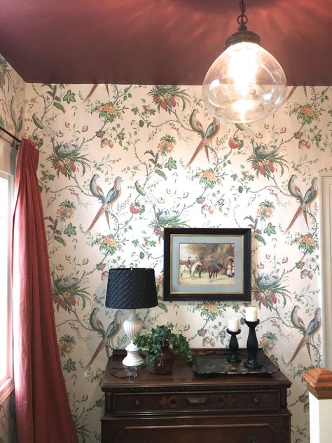 Maroon Ceiling, Cottage Core Office, Wallpaper Entryway, Wallpapered Entryway, Remodeling House, Dining Room Wallpaper, Office Wallpaper, House Updates, Color Accents