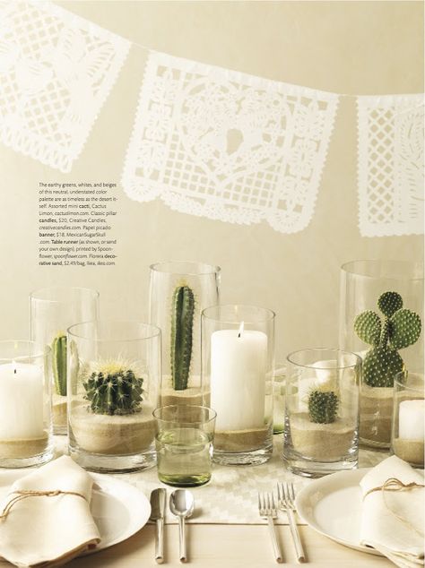 Cactus plants are sturdy in a sandy based hurricane. (Martha Stewart living) Cactus Table Decor, Cactus Centerpiece, Cactus Wedding, Cactus Party, Mexican Party Theme, Succulent Centerpieces, Boda Mexicana, Festa Party, Mexican Decor