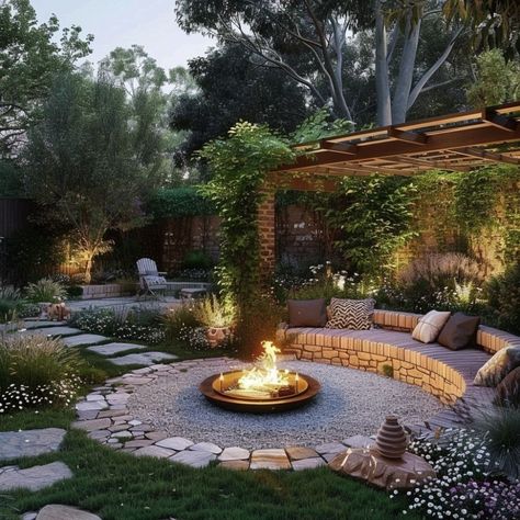 Backyard Fire Pit Ideas Landscaping: Transform Your Outdoor Space into a Cosy Retreat | Constructionify Natural Fire Pit, Backyard Fire Pit Ideas, Cozy Gathering, Outdoor Fire Pit Area, Cottage Backyard, Fire Area, Outside Fire Pits, Brick Fire Pit, Backyard Fire Pit