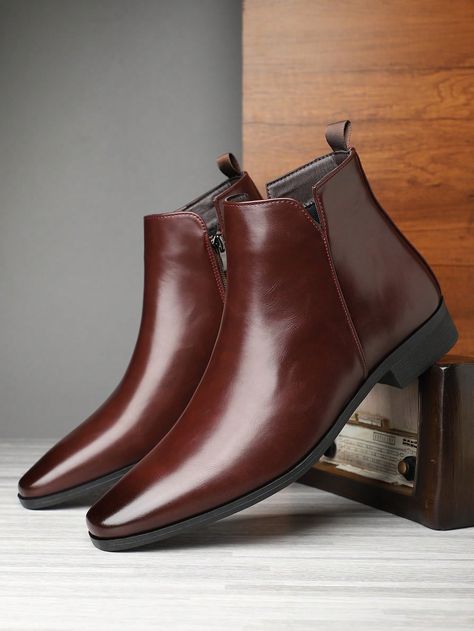 Men's British Korean Style Pointed Toe High Top Slip-Resistant Wear-Resistant Short Boots, Fashionable And Versatile Height-Increasing  Boots Burgundy    PU Leather     Men Shoes, size features are:Bust: ,Length: ,Sleeve Length: Mens Wedding Boots, Man Boots Style, Nude Boots, Pointed Boots, Chelsea Boots Mens, Wedding Boots, Botas Chelsea, Boots Vintage, Ankle Boots Men