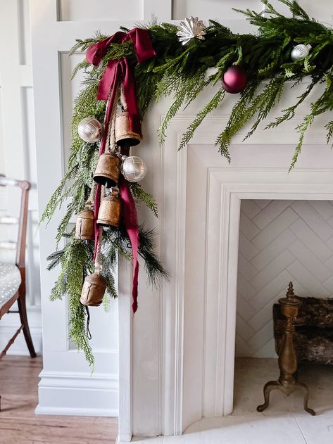 Classic Burgundy and Silver Mantel - Deeply Southern Home Christmas Mantel Garland, Christmas Decor Inspiration, Christmas Mantel Decorations, Christmas Mantle, Christmas Fireplace, Christmas Mantels, Southern Home, Elegant Christmas, Christmas 2024