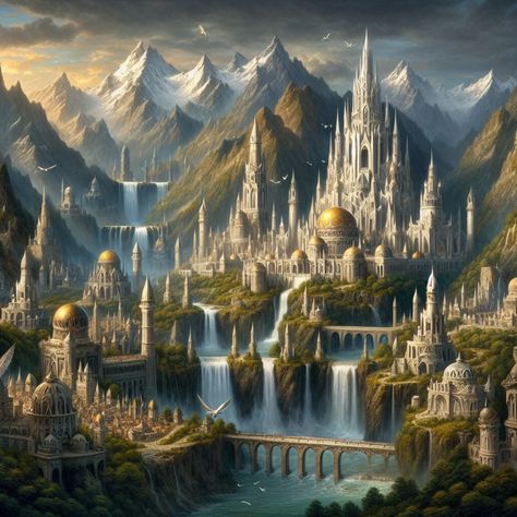 Elf City, Elven City, School Goals, Fantasy Homes, Creating Content, Fantasy City, Fantasy Castle, Fantasy Places, Fantasy Map