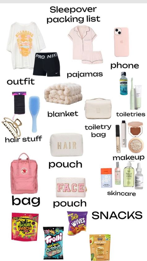 Sleepover packing list#sleepover #packing #followbacks What To Pack For A Overnight School Trip, List Sleepover, Sleepover Checklist, Sleepover Packing, Sleepover Packing List, Overnight Essentials, Ultimate Sleepover, Fun Sleepover Activities, Trip Essentials Packing Lists