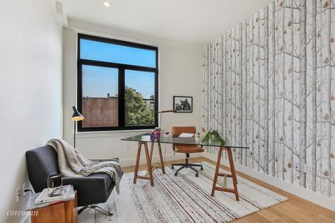 Glass desk diagonal layout Angled Office Layout, Desk Diagonal In Room, Diagonal Desk Placement, Guest Room Office Combo, Corner Desk Office, Home Office Layout, Desk Layout, Home Office Table, Corner Office