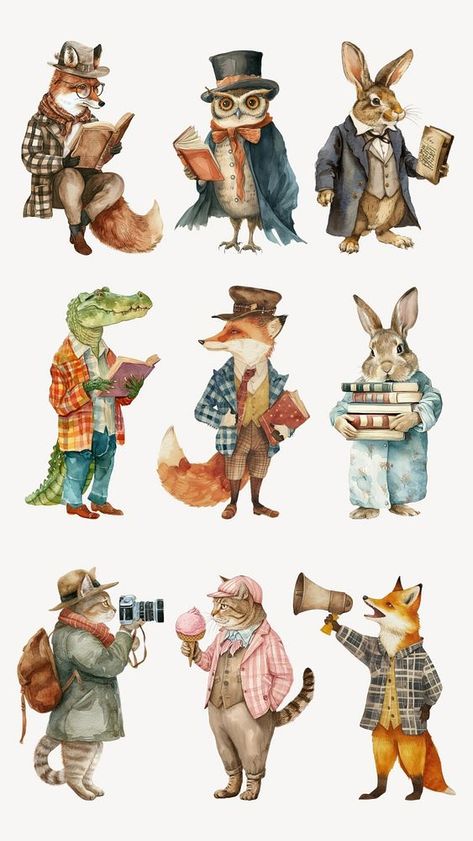 Editable vintage animal character design element set | premium image by rawpixel.com / Boom Retro Animal Illustration, Animal Illustration Art Character Design, Funny Animal Illustration, Animal Character Illustration, Vintage Animal Illustration, Animal Character Design, Animals In Clothes, Cottagecore Animals, Fairy Character