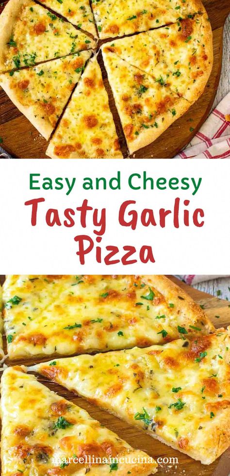 Mozzarella Pizza Recipes, Garlic Cheese Pizza, Cheesy Garlic Pizza, Tortilla White Pizza, Garlic Pizza Recipe, Garlic Butter For Pizza Crust, White Pizza Ideas, Garlic Pizza Crust Recipe, Homemade Garlic Pizza