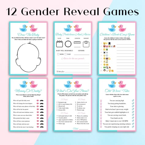 "12 Printable gender reveal games with answer keys included. ● Download is available immediately after purchase from your Etsy account Purchases and reviews section here: http://www.etsy.com/your/purchases ● Files must be downloaded from a desktop computer or a laptop. ● Games are not editable. WHAT GAMES WILL YOU RECEIVE ● Baby ABC's ● Baby Name Race ● Baby Predictions And Advice ● Baby Word Scramble + ANSWER KEY ● Celebrity Baby Names + ANSWER KEY ● Children's Book Emoji Game + ANSWER KEY ● Dr Baby Word Scramble Answers, Pink And Blue Gender Reveal, Printable Gender Reveal, Baseball Gender Reveal, Blue Gender Reveal, Reveal Party Games, Gender Reveal Party Games, Bow Gender Reveal, Gender Reveal Games