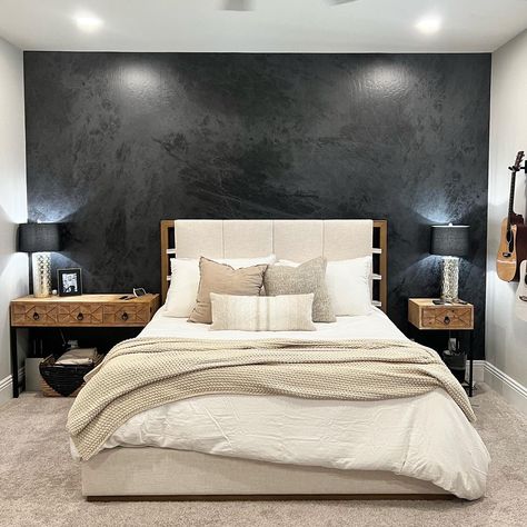 ONYX | WALL BLUSH Masculine Bedroom Wallpaper, Textured Interior Walls, Black And Gold Accent Wall Living Room, Concrete Wallpaper Bedroom, Black Focal Wall Bedroom, Dark Wallpaper Bedroom Accent Wall, Black Wallpaper Bedroom Ideas, Room With Black Accent Wall, Dark Feature Wall Bedroom