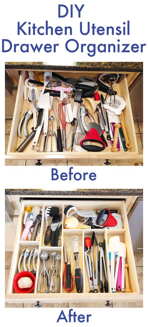 Make your own DIY Custom Wood Kitchen Utensil Drawer Organizer! Super easy and so cheap. You can do this for less than $10! Diy Kitchen Utensils, Custom Kitchen Drawers, Utensil Drawer Organizer, Kitchen Utensil Drawer Organization, Kitchen Utensil Drawer, Utensil Drawer Organization, Wood Kitchen Utensils, Organization Design, Being Organized