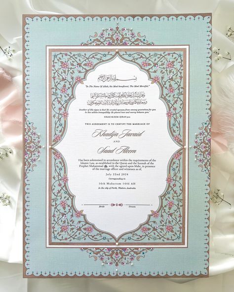 I L H A A M A personal favourite! All our nikkah certificates come with the option to be fully customised, making your special day even more unique! Dm us to order! ✨🤍 #nikkah #nikkahceremony #nikkahcertificate #nikkahanama #perth Iridescent Liquid, Islamic Marriage Certificate, Islamic Nikkah, Nikkah Contract, Certificate Designs, Nikkah Certificate, Islamic Marriage, Islamic Design Pattern, Wedding Card Frames