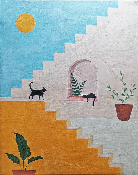 Boho Cats and Stairs Art Green Orange Painting, Orange And Green Wall Art, Green And Orange Art, Corner Painting Ideas Wall, Green Yellow Painting, Painting Prompts, Dorm Paintings, Blue Green Art, Deco Orange