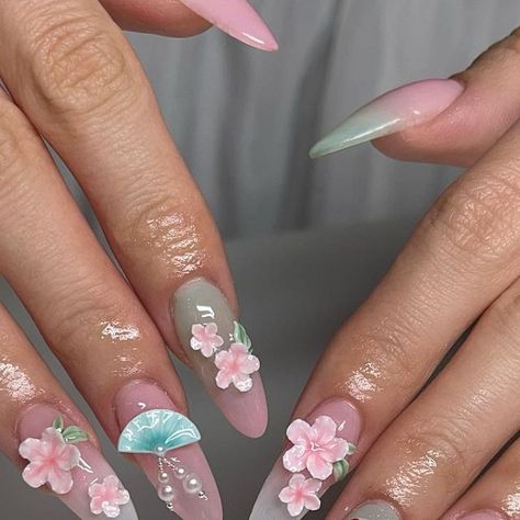 Hmong Inspired Nails, Chuu Nails, Lotus Nail Art, Lilly Nails, Lotus Nails, Magical Nails, Jasmine Nails, Fish Nails, Nailart Ideas