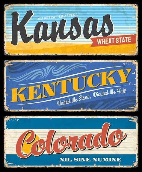 Kentucky, kansas and colorado american s... | Premium Vector #Freepik #vector #dirty #scratch #landmark #billboard American States, State Signs, United We Stand, West Virginia, Premium Vector, Kentucky, Kansas, Travel Destinations, Virginia