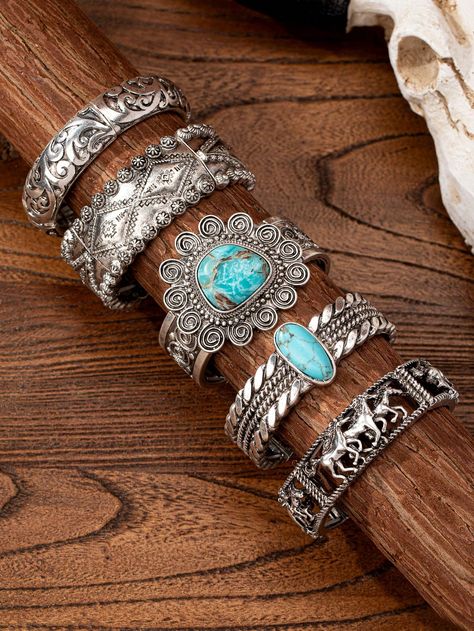 1 Pc Retro Western Blue Turquoise Stone Decor Stretchy Cuff Bracelet Mid-West Cowgirl Jewelry , Bangle Multicolor Vacation   Zinc Alloy     Women Fashion Jewelry, size features are:Bust: ,Length: ,Sleeve Length: Country Jewelry Bracelets, Boho Western Jewelry, Western Cowgirl Style, Boutique Website, Texas Boutique, Country Jewelry, Western Boutique, Cowgirl Jewelry, Retro Western