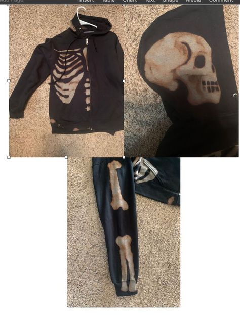 How to use bleach to dye skeleton on a sweatshirt. Skeleton Sweatshirt Bleach, Bleach Hoodie Diy, Bleach Hoodie Designs Y2k, Skeleton Bleach Hoodie, Bleach Hoodie Ideas, Bleach Skeleton Hoodie, Bleach Hoodie Designs, Bleach Jacket, Fashion Objects