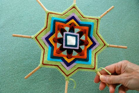 I came across this great art project on Etsy for weaving your own Ojo de Dios. These stunning, brightly colored “Eyes of God” are made from simple sticks and colored yarn. All photos an… God Eye, Mandala Tutorial, Waldorf Crafts, Gods Eye, Mandalas Drawing, Weaving Projects, Arts Ed, Grade 4, Elementary Art