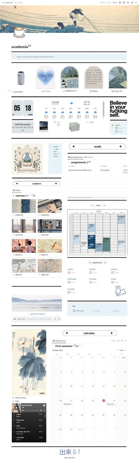 academia, university 2023 notion ❝this is a light mode version of the original dark mode. ❝ inspired by @catgirlganyu on Pinterest ; TEMPLATE: https://ko-fi.com/s/cc30225dcc #notion #academia #university #college #template #notiondesign #productivity #cloudji University Notion, 2023 Notion, Notion Workspace, Notion Setup, Pinterest Template, Meal Planner Template, Student Life Hacks, Small Business Planner, Pinterest Templates