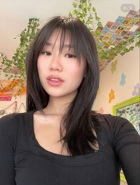 Bangs Asian Hair Round Face, Whispy Front Bangs Oval Face, Wispy Bangs No Layers, Wispy Bangs Oblong Face, Asian Fringe Bangs, Wispy Bangs Round Face Asian, Wispy Asian Bangs, Layered Hair With Wispy Bangs Round Face, Round Face Wispy Bangs