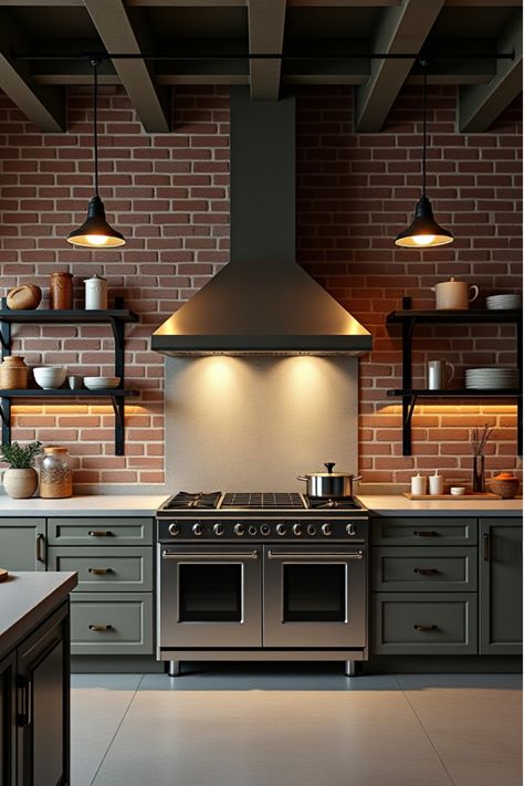 Kitchen with large stainless steel range hood Modern Kitchen Stove Design, Stainless Range Hood Ideas, Stainless Steel Backsplash Behind Range, Kitchen Hoods Ideas, Kitchen Stove Design, Modern Kitchen Hood, Modern Farmhouse Kitchen Ideas, Cabin Remodel, Popular Kitchen Designs