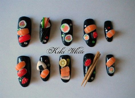 sushi nail art 3dnail Art, Sushi Nails, Japan Nail Art, Food Nail Art, Food Nails, 3d Nail Art Designs, Idea Nail, Crazy Nail Art, Sushi Art