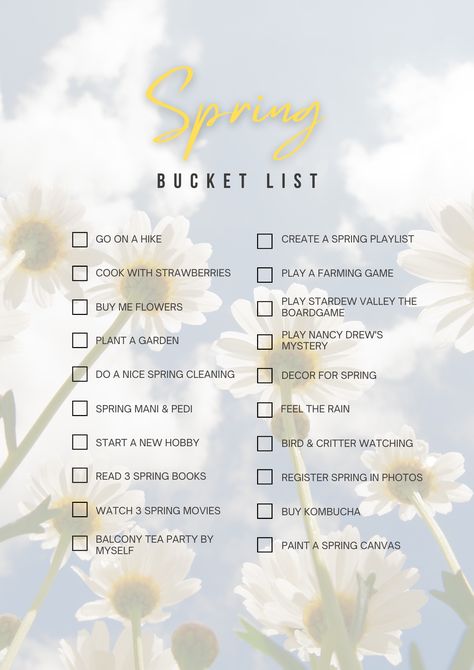 This was my Spring Bucket List for this year. Most of it I already got to do, Next week I'll wrap up and start prepping for summer! Spring List Things To Do, Spring Things To Do, Spring To Do, Spring Bucket List Aesthetic, Spring Movies List, Spring Bucket List For Adults, Spring Hobbies, Spring To Do List, Spring Movies