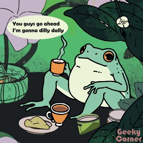 This is my version of the cute frog on a picnic meme. You guys go ahead, I'm gonna dilly dally! #frogmeme #picnicfrog #dillydally #frogwithcoffeecup #dillydallyfrog #cutefrog #kawaiifrogart #funnyfrog #frogillustration #frogartwork Frog Meme, Frog Illustration, Dilly Dally, The Picnic, Funny Frogs, Frog Art, Cute Frog, Mood Humor, Cute Frogs