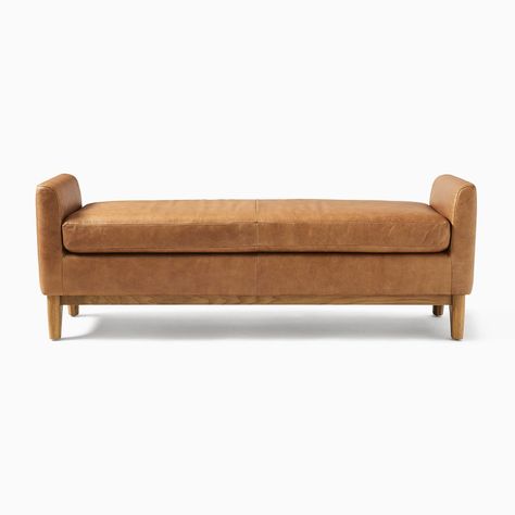 Harvey Bench, Poly, Vegan Leather, Saddle, Natural Oak | West Elm Mid Century Entryway, Leather Banquette, Mid Century Bench, Spa Interior Design, Spa Interior, Leather Bench, Living Room Bench, Bed Bench, Primary Bedroom