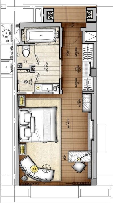 Hotel Room Plan, Hotel Floor Plan, Hotel Floor, Hotel Plan, Hotel Room Design, Studio Apartment Layout, Apartment Bedroom Decor, Bedroom Floor Plans, Apartment Layout