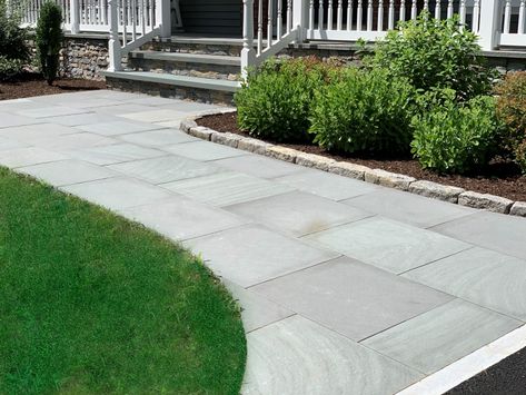 Bluestone Walkway, Steps and Overlay - Southampton, MA 01073 - RJM Landscaping Bluestone Pavers Walkways, Blue Stone Walkway Bluestone Pavers, Bluestone Walkway To Front Door, Walkway Pattern, Bluestone Steps, Bluestone Walkway, Front Yard Walkway, Yard Walkway, Stone Walkways