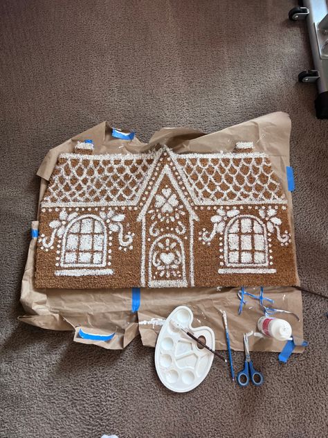 Ginger Bread House Door Mat, Diy Christmas Floor Mat, Diy Gingerbread House Door Mat, Gingerbread Door Mat Diy, Diy Gingerbread Doormat, Gingerbread House Mat, Gingerbread Door Mat, Door Mat Painting, Gingerbread House Doormat