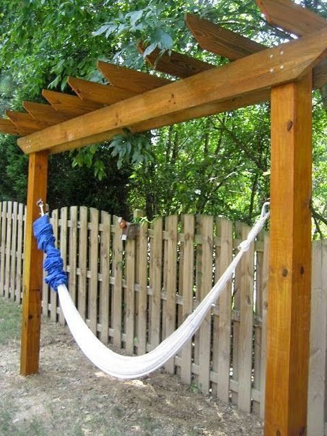 How to build a hammock stand. Must have with clematis or morning glory climbing all over it. building furniture building projects Hammock Frame, Backyard Hammock, Diy Hammock, Lan Can, Hammock Stand, Yard Project, Outside Living, Diy Pergola, Dream Backyard