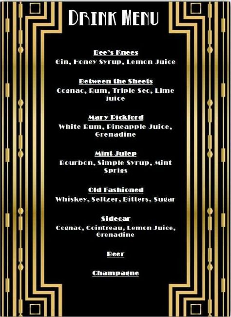 1920's Drink Menu  20's,  cocktails,  speakeasy,  prohibition party 1920 Party Drinks, Roaring 20s Drinks Cocktails, 1920 Prohibition Party, Prohibition Cocktails Speakeasy Bar, Prohibition Cocktails Recipes, Prohibition Christmas Party, Harlem Nights Party Decor, Gatsby Drinks Cocktails, 20s Club Aesthetic