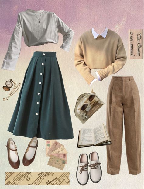 Long green skirt, trousers, sweaters Light Academia Aesthetic Outfit Winter, Light Academia Aesthetic Outfit Casual, Pastel Vintage Outfits, Cozy Academia Aesthetic Outfit, Cottagecore Light Academia Outfits, Light Academia Outfit Modest, Soft Academia Aesthetic Outfits Summer, Bookish Style Outfits, Light Cottagecore Aesthetic Outfits