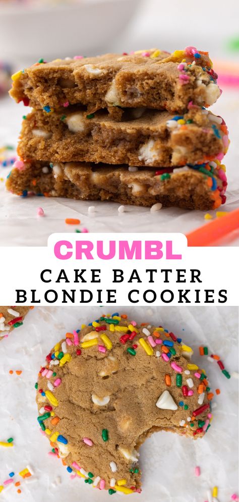 The Best Crumbl Cake Batter Blondie Cookies - Lifestyle of a Foodie Crumbl Cookie Copycat Cake Batter, Cake Batter Blondie Cookies, Crumbl Cookie Copycat Cake Batter Blondie, Cake Batter Crumble Cookie, Cake Batter Blondie Crumbl Cookie, Cookie Cake Flavors, Copycat Cookie Recipes, Blondie Cookies, Crumbl Recipes