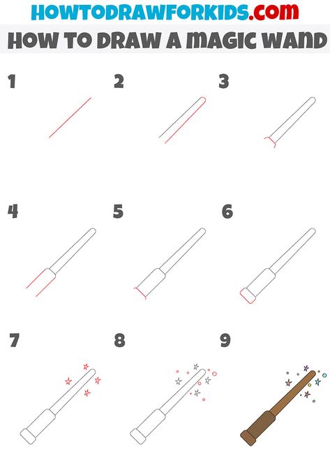 how to draw a magic wand step by step How To Draw Harry Potter Step By Step, Harry Potter Doodles Easy, Harry Potter Broomstick, Wand Tutorial, Potions Book, Drawing Bases, Theme Harry Potter, Harry Potter Drawings, Coloring Supplies