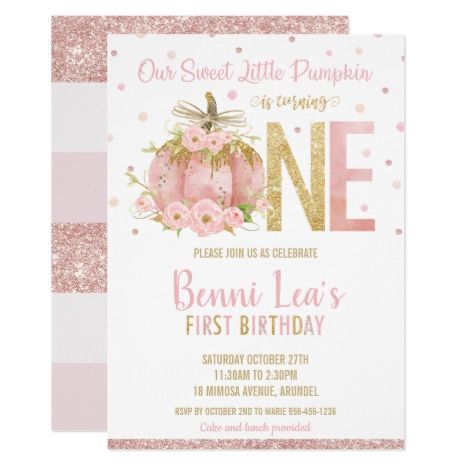 Elegant Pink Pumpkin 1st Birthday One Girl Invitation Pink Pumpkin Baby Shower, Pumpkin Birthday Parties, Pumpkin 1st Birthdays, Pumpkin First Birthday, Gold First Birthday, Twins 1st Birthdays, Birthday One, Twin First Birthday, June Bug