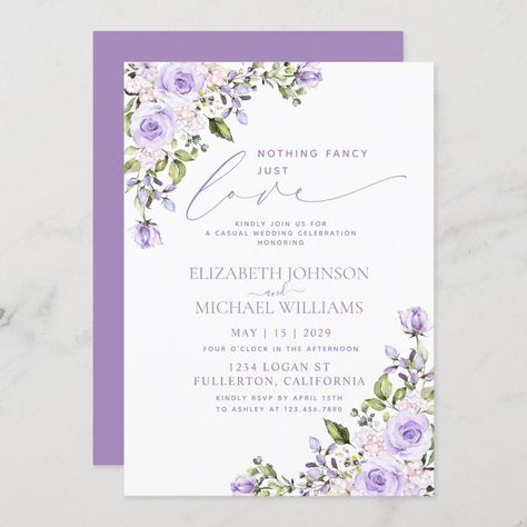 Wedding Invitation For Friends, Wedding Invitation Card Quotes, Queen Elizabeth Wedding, Lavender Wedding Invitation, Nothing Fancy Just Love, Engagement Announcements, Lavender Wedding Invitations, Elopement Reception, Wedding Invitation Size