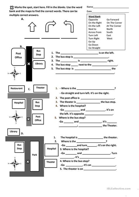 Directions, Prepositions and Maps Worksheet - English ESL Worksheets for distance learning and physical classrooms Following Directions Worksheet, Directions Worksheet, Reading Practice Worksheets, Map Skills Worksheets, Preposition Worksheets, Sequencing Worksheets, Map Worksheets, Map Reading, Map Skills