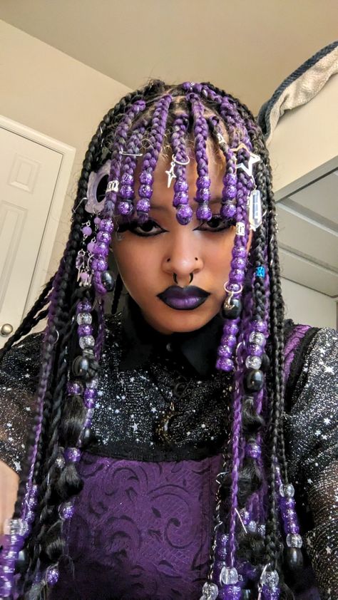 Different Colored Braids For Black Women, Kawaii Hairstyles For Black Women, Half Black Half Red Braids, Colorful Black Hairstyles, Purple Braid Hairstyles, Black Alt Hairstyles Braids, Alt Black Woman Hair, Black And Purple Hair Black Women, Wick Hair Styles