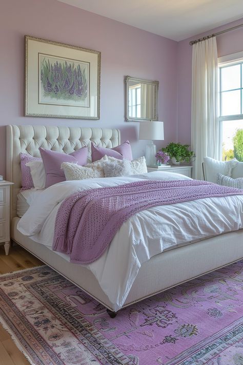 29 Chic Bedroom Ideas for a Stylish Sanctuary 27 Contemporary Chic Bedroom, Lavender Bedroom Decor, Lilac Bedroom, Lavender Bedroom, Bungalow Bedroom, Purple Bedrooms, Purple Bedroom, Purple Rooms, Bedroom Decor Ideas