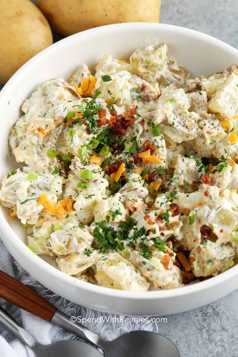 It won't take long for the whole family to fall in love with this potato salad with bacon recipe. It is so easy to toss this recipe together. Prepare the potatoes, mix them with some onion and celery and then toss with a creamy dressing made from sour cream and mayo. Top with some bacon bits, and the best side dish is made. #potatosaladwithbacon #potatosalad #potatosaladrecipe #spendwithpennnies Potato Salad With Sour Cream, Bacon Potato Salad Recipe, Salad With Sour Cream, Potato Salad With Bacon, Cucumber Feta Salad, Potatoe Salad, Classic Pasta Salad, Classic Potato Salad, Bacon Potato Salad