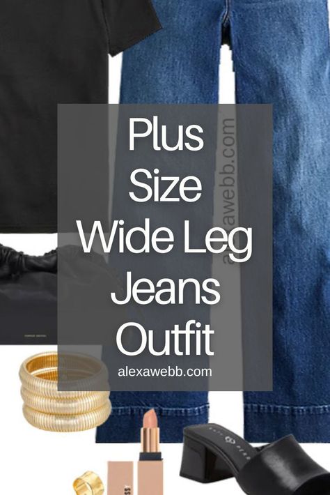 How to Wear Plus Size Wide Leg Jeans - A plus size casual outfit idea with wide leg jeans and a black fitted tee. Alexa Webb Wide Leg Jeans Outfit Plus Size, Wide Leg Pants Outfit Plus Size, Plus Size Wide Leg Jeans, Wide Leg Jeans Winter, How To Wear Wide Leg Jeans, Wide Leg Jeans Plus Size, Loose Jeans Outfit, How To Style Wide Leg Jeans, Best Plus Size Jeans