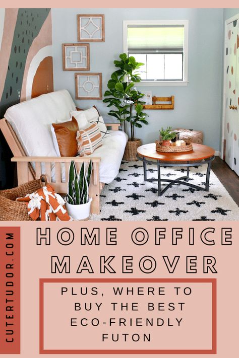 Boho Inspired Home Office Lounge | CuterTudor Small Office With Futon, Home Office With Futon, Office With Futon, Room With Futon, Tiny Guest Room, Boho Inspired Home, Organic Sofa, Tiny House Bedroom, Neutral Furniture