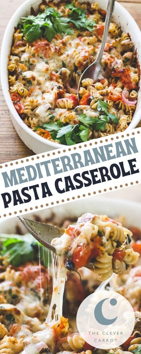 This one-pan pasta dish is the perfect weeknight dinner! It's loaded with bold Mediterranean flavors like tomatoes, onions, artichokes, and fresh herbs in every bite. It's cheesy and cozy without being too heavy making it a nutrient-packed dish perfect for fueling up. It comes together quickly and bakes in the oven until warm and bubbling. Mediterranean Chicken Pasta, The Clever Carrot, Clever Carrot, Mediterranean Pasta, Chicken Pasta Bake, Homemade Condiments, Mediterranean Chicken, Pasta Casserole, Yummy Pasta Recipes