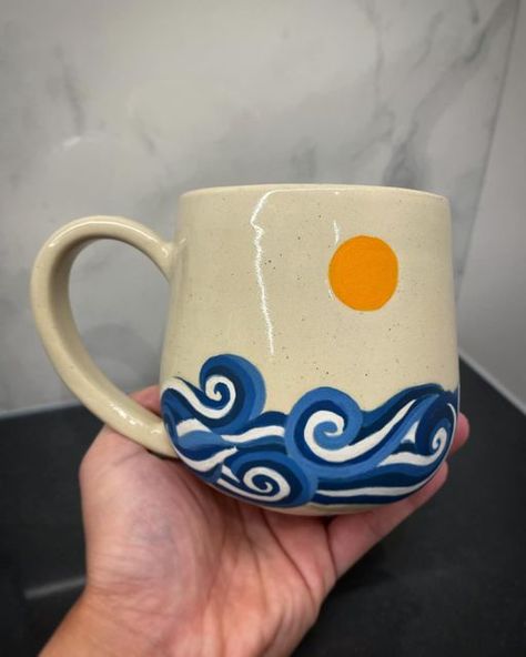 Wave Pottery Painting, Men’s Pottery Painting, Ceramic Art Ocean, Pottery Painting Waves, Paint It Yourself Pottery, Ocean Mug Ceramics, Pottery Mug Designs Painted, Pottery Painting Gift Ideas, Pottery Painting Ideas For Men