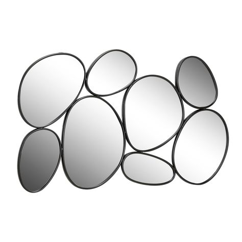 "Black Contemporary Metal Wall Mirror Offset your colorful contemporary art pieces with this wall decor mirror made of 8 abstract oval mirrors in black iron frames, each welded together to form a cluster of simple geometric shapes. The reflective glass mirrors’ basic forms and curved lines bring contemporary style to your blank wall, while the negative spaces between the shapes pick up your wall’s color for an added touch of texture. Large enough as hanging wall decor over a sofa and versatile e Mirror Collage Wall, Colorful Contemporary Art, Oval Mirrors, Mirror Collage, Wall Decor Mirror, Hallway Walls, Geometric Mirror, Wall Collage Decor, Black Wall Mirror