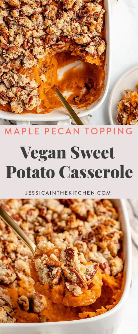 Sweet Potato Casserole Vegan, Vegan Sweet Potato Recipes, Casserole Vegan, Vegan Sweet Potato Casserole, Candied Pecan, Sweet Potato Souffle, Gluten Free Sweet Potato, Vegan Casserole, Pecan Topping