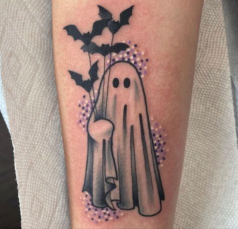 Halloween Style Tattoos, Halloween Leg Tattoos, American Traditional Halloween Tattoo, Halloweentown Tattoo, Cute Spooky Tattoos, December Tattoo, Ghost Doodles, Halloween Sleeve, Witchy Tattoos