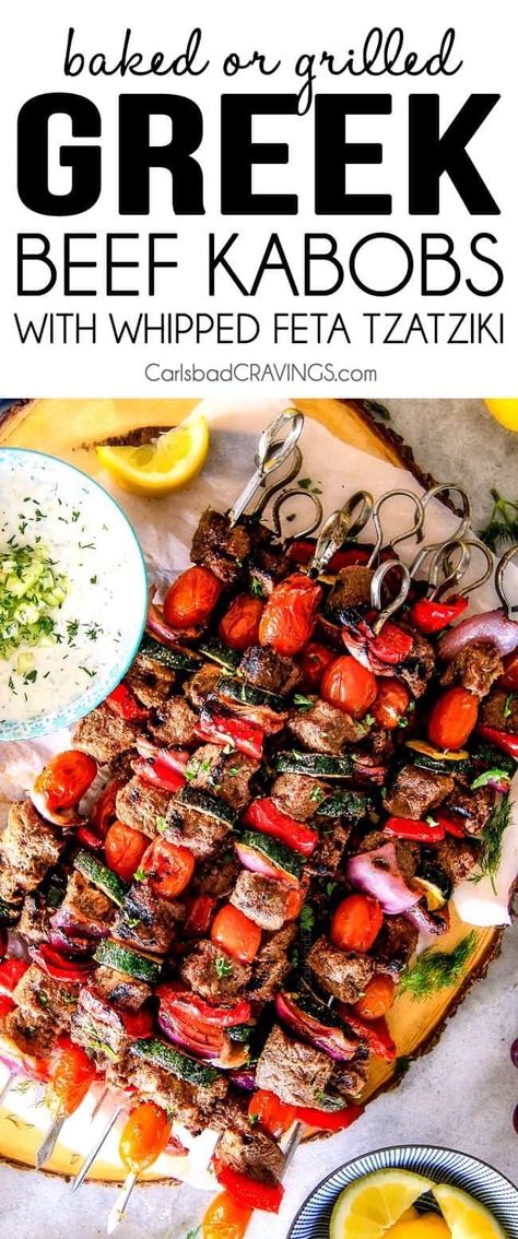 Greek Beef Kabobs, Beef Souvlaki, Feta Tzatziki, Greek Beef, Beef Kabob Recipes, Tzatziki Dip, Mediterranean Recipes Healthy, Mediterranean Diet Recipes Dinners, Beef Kabobs