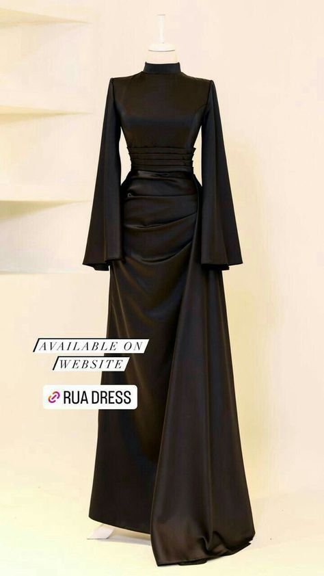 Muslimah Prom Dress, Black Satin Dress Hijab, Modest Satin Dress, Korean Modest Fashion, Dress Hijab Simple, Modesty Clothing, Black Dinner Dress, Hijabi Dresses, School Dinner